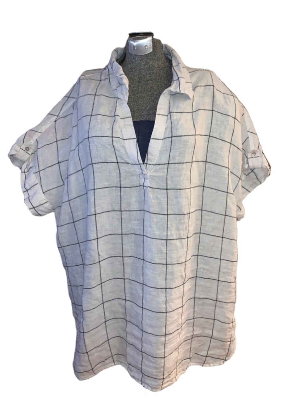Women's Tahari Linen Blouse Plus 1X White Black Plaid Short Sleeve Top